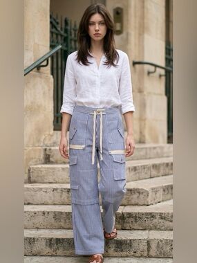 POL Navy and White Striped wide leg Pants NEW women’s size medium